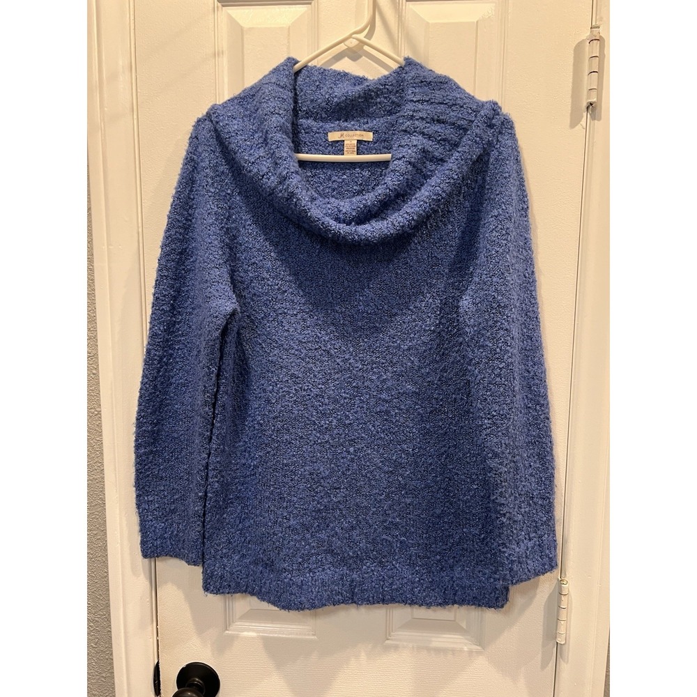 JM Collection Blue Cowl Neck Sweater Womens Medium M Fuzzy Cozy Pullover Knit